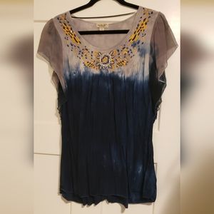 One World grey blue and yellow flowy boho tie dye
